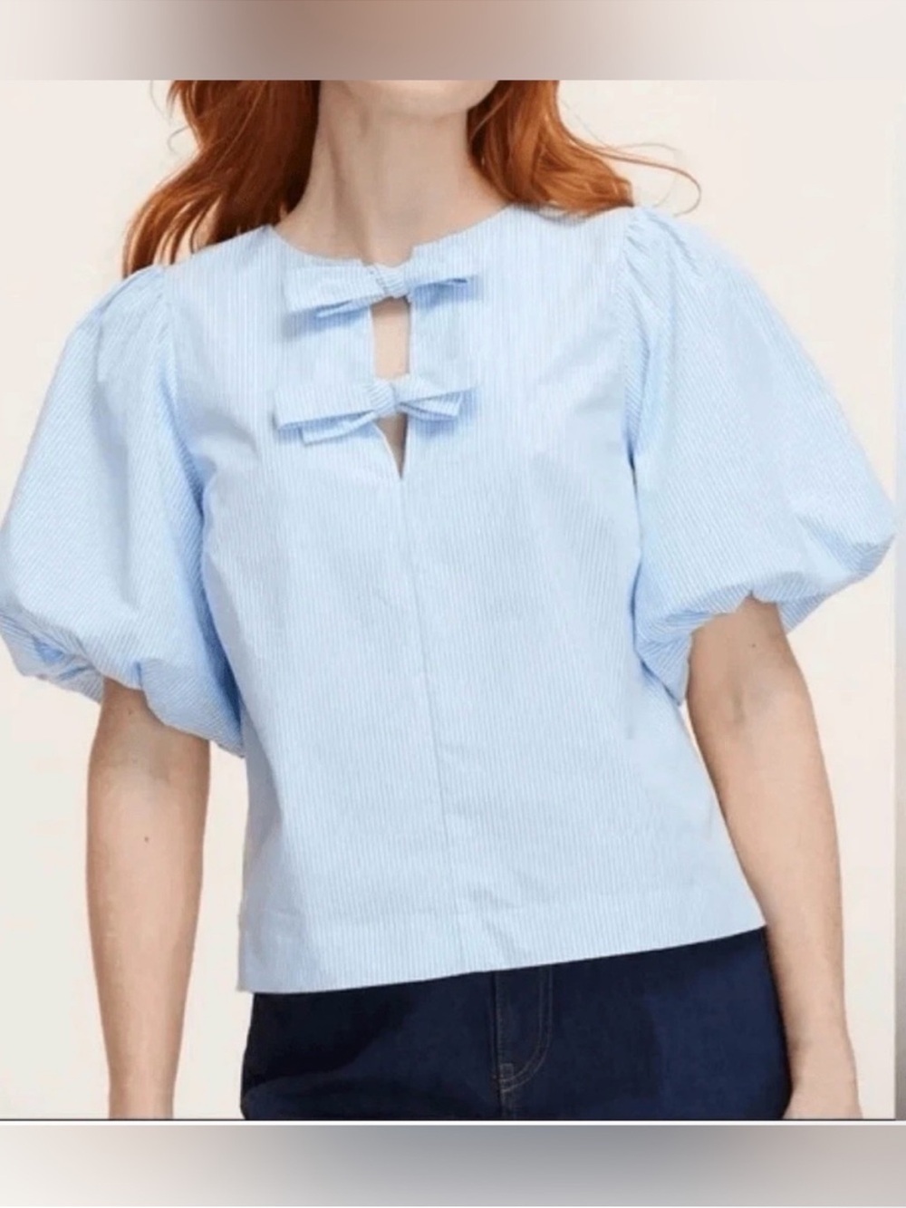 kate spade Light Blue Puff-Sleeve Bow Detail Blouse